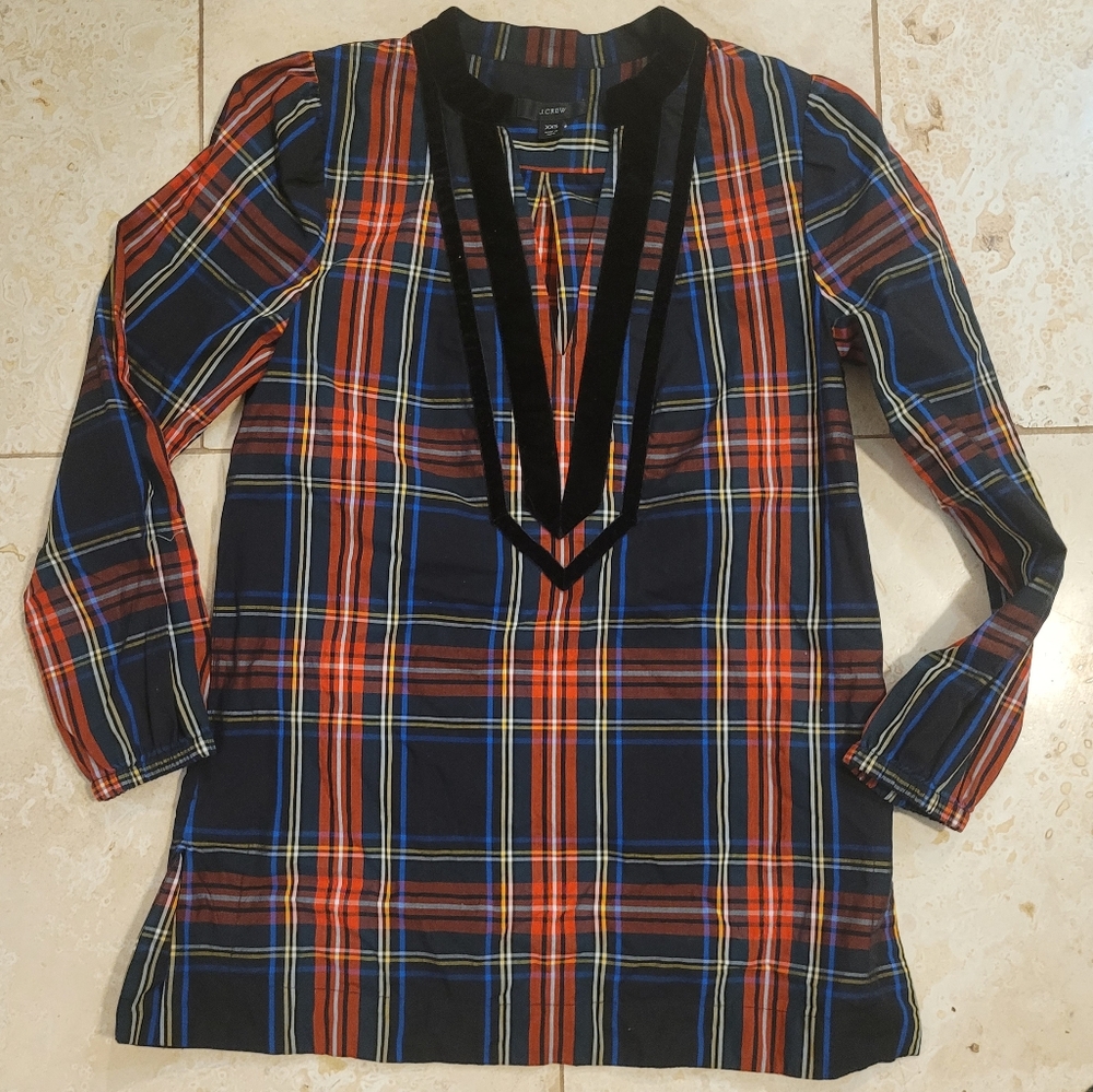 J Crew Women's Velvet Trimmed V-Neck Tunic Top Black Stewart Tartan Plaid XXS